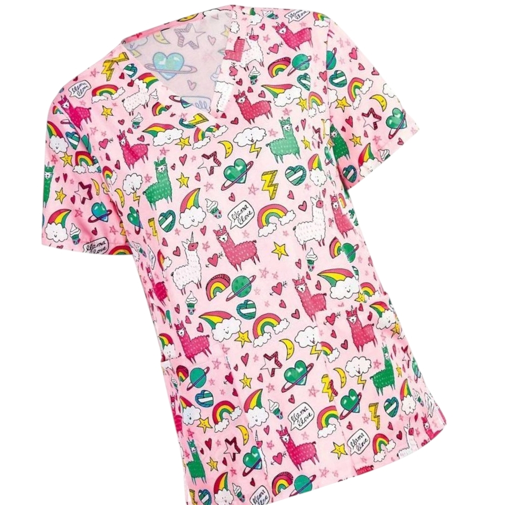 Playful Llama Print Scrubs Top